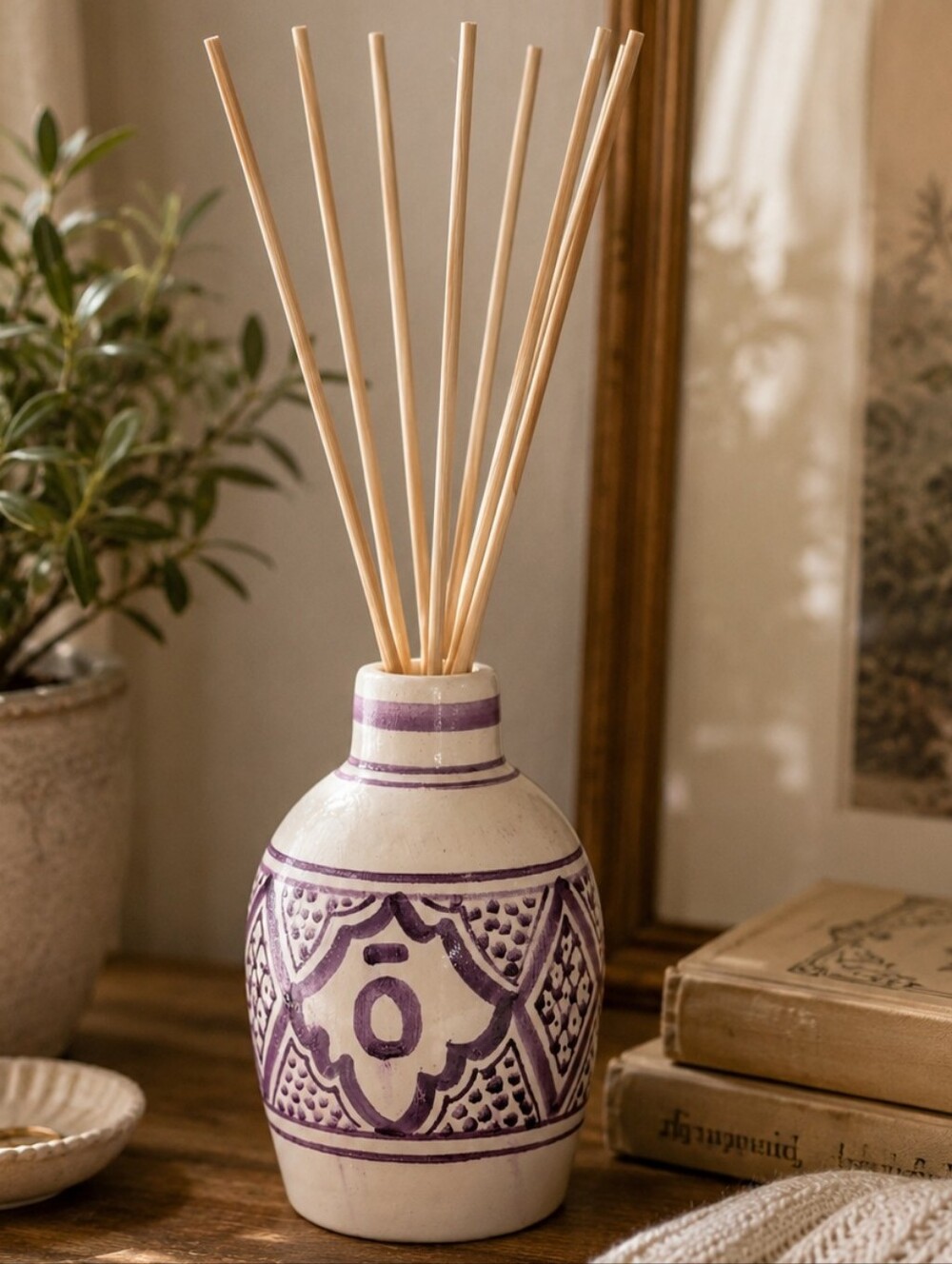 Doterra Natural Reed Diffuser 10 Reeds with Cream Purple Accent Vase Moroccan